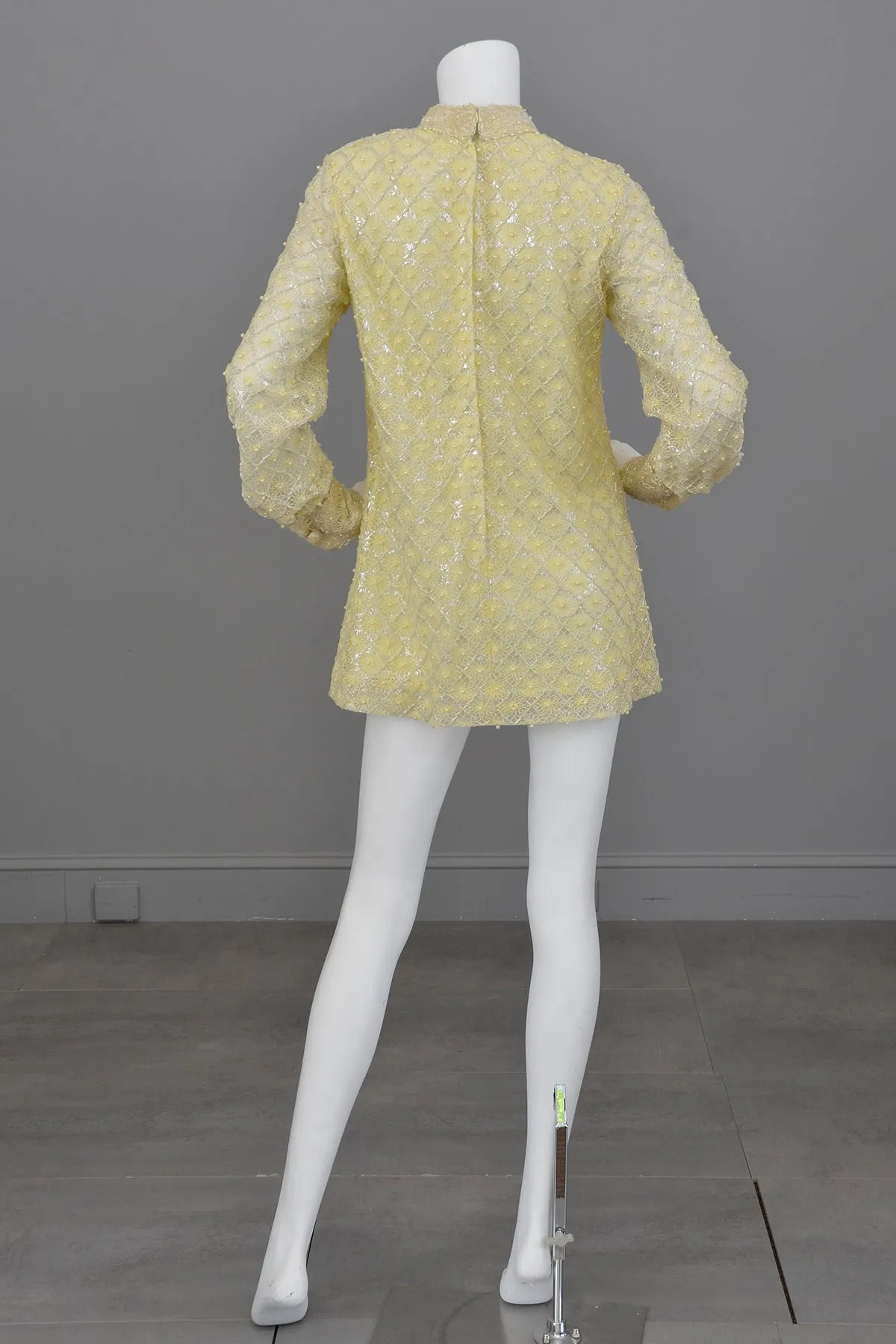 1960s Pale Yellow Beaded Micro Mini Go Go Dress Tunic | Twiggy Dress