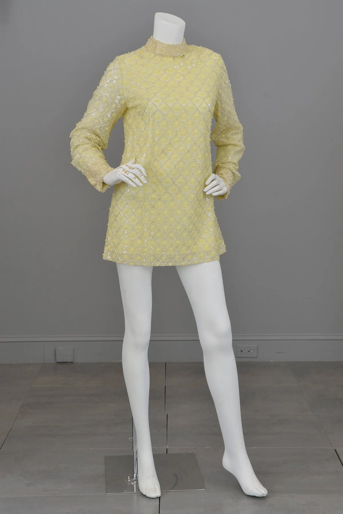 1960s Pale Yellow Beaded Micro Mini Go Go Dress Tunic | Twiggy Dress