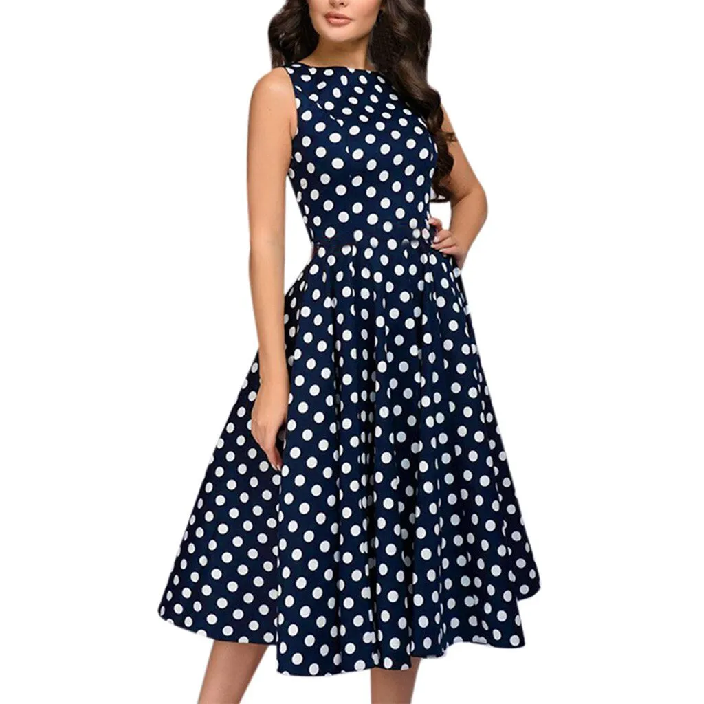 Amy Fashion - Elegant Polka Dot Print Flared Sleeveless Dress