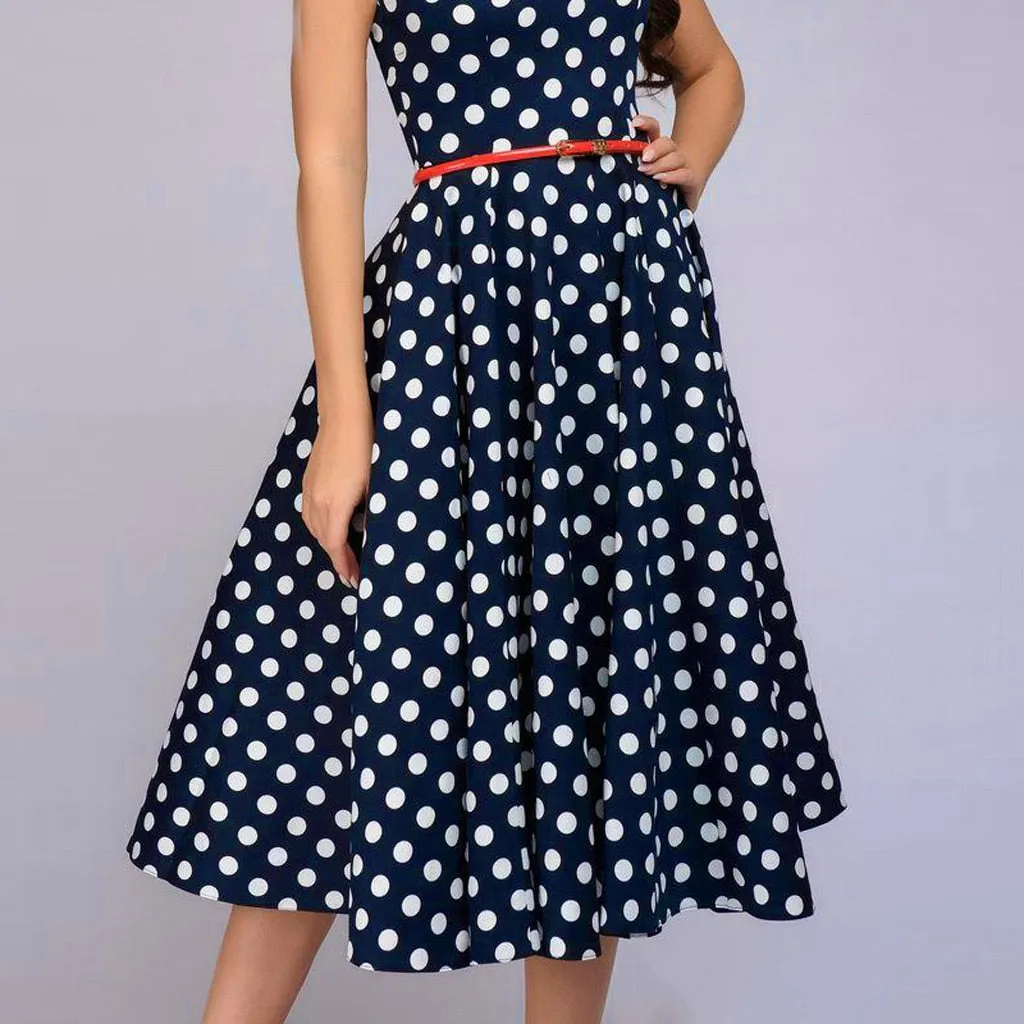 Amy Fashion - Elegant Polka Dot Print Flared Sleeveless Dress