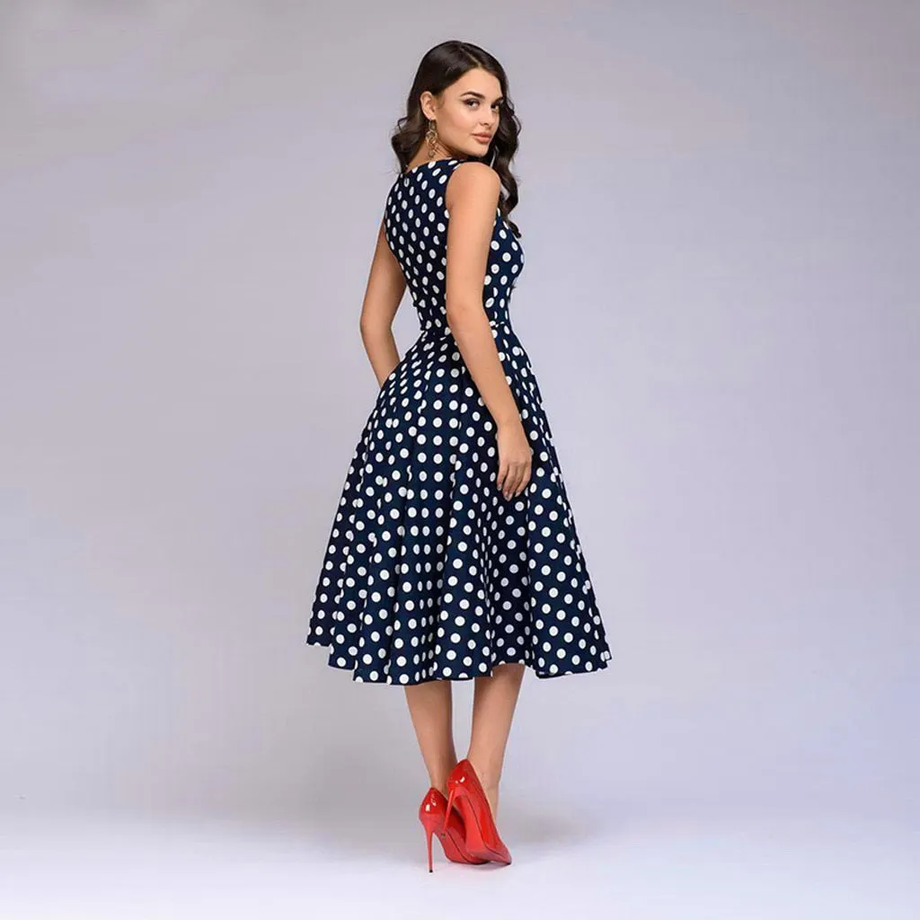 Amy Fashion - Elegant Polka Dot Print Flared Sleeveless Dress