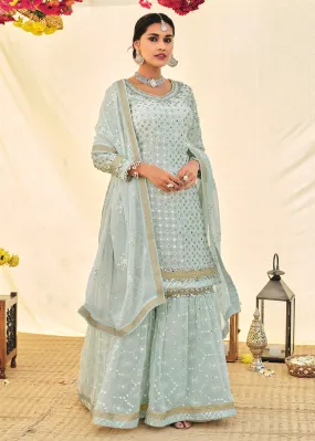 Aqua Blue Zari & Mirror Embroidered Festive Sharara Suit