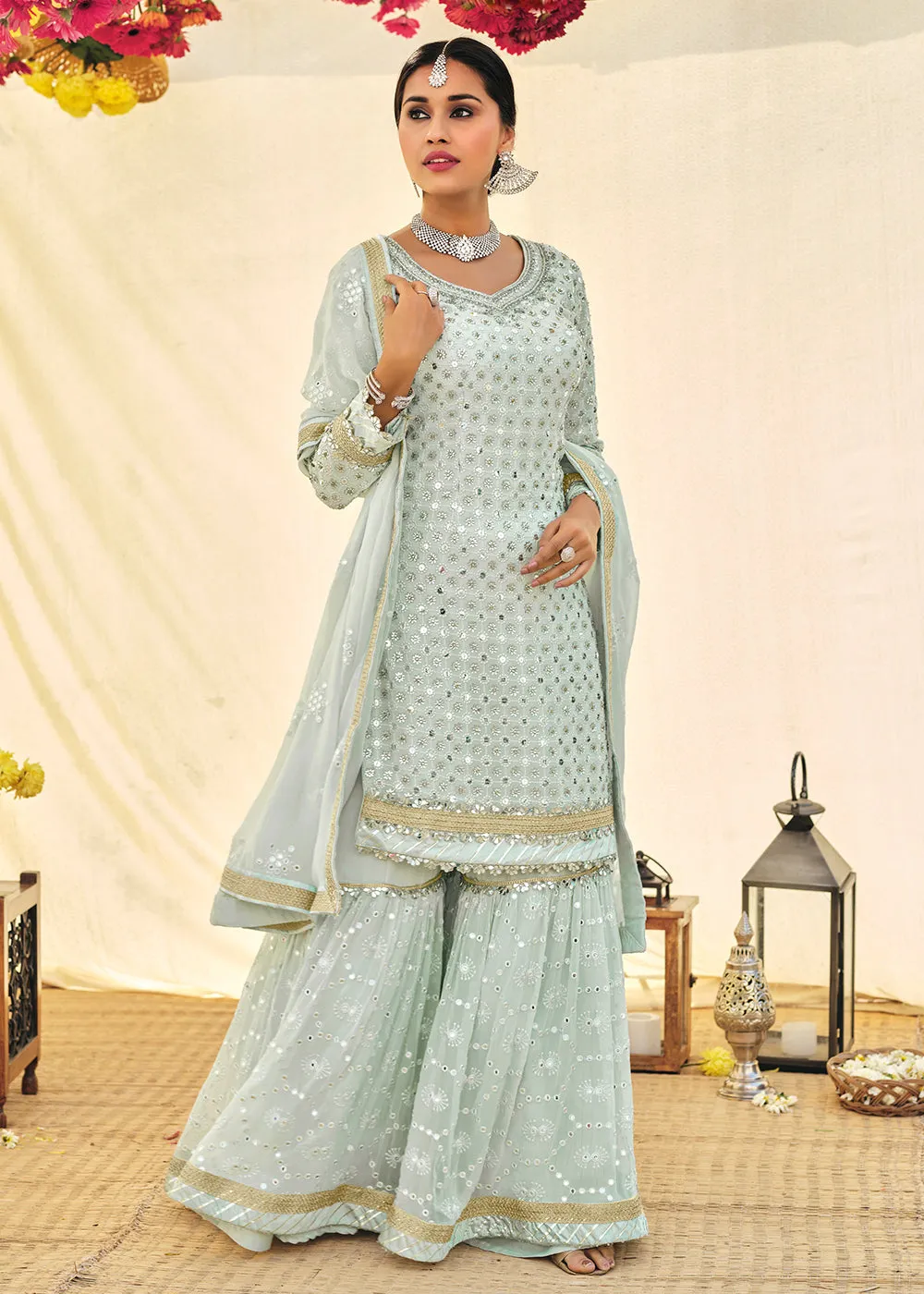 Aqua Blue Zari & Mirror Embroidered Festive Sharara Suit