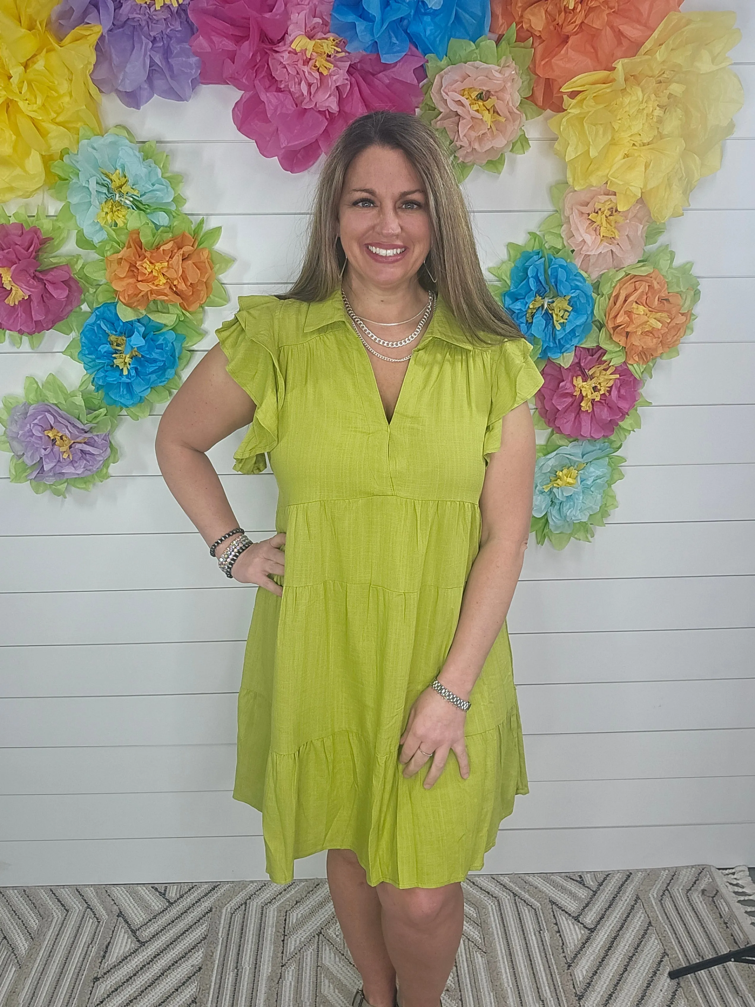 AVOCADO TIERED LINEN BLEND DRESS