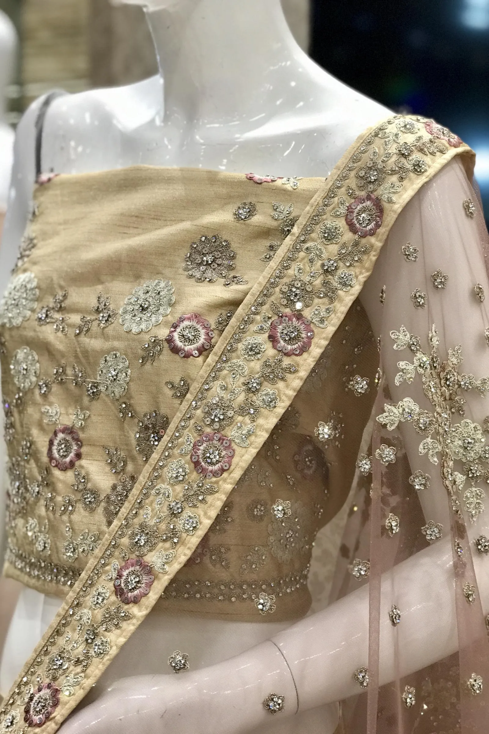 Beige Stone and Thread work Semi-Stitched Designer Bridal Lehenga