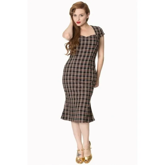 Black & Red Tartan Check Capped Sleeve Peplum Pencil Dress