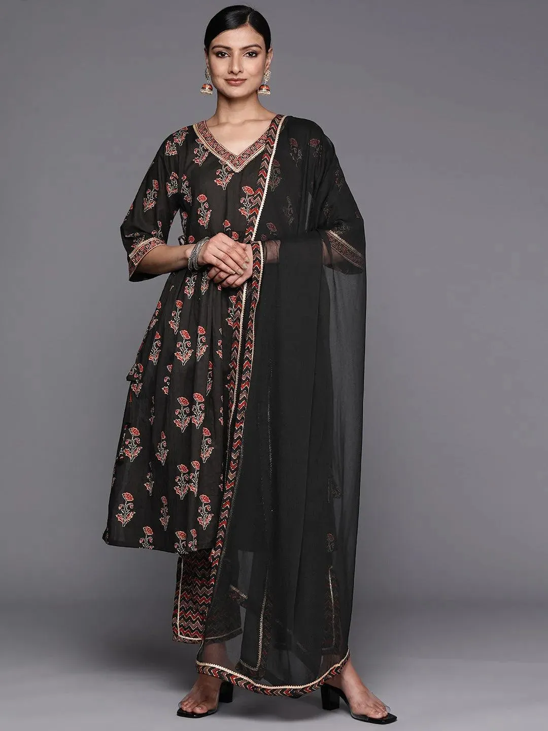 Black Printed Cotton A-Line Kurta With Trousers & Dupatta