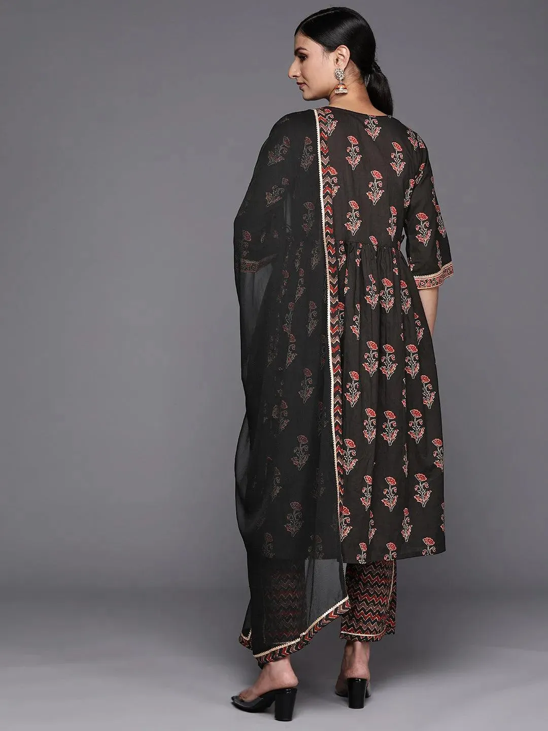 Black Printed Cotton A-Line Kurta With Trousers & Dupatta