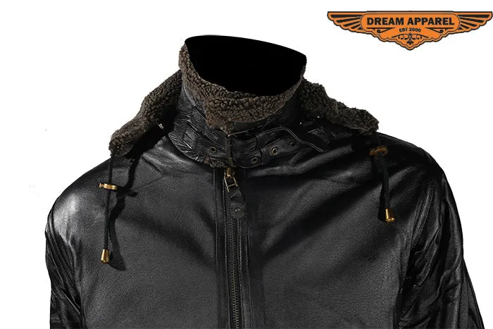 Black Zippered Hooded Leather Fur Jacket