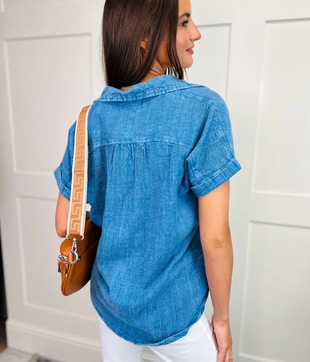 Blue Denim Short Sleeve Cotton Shirt