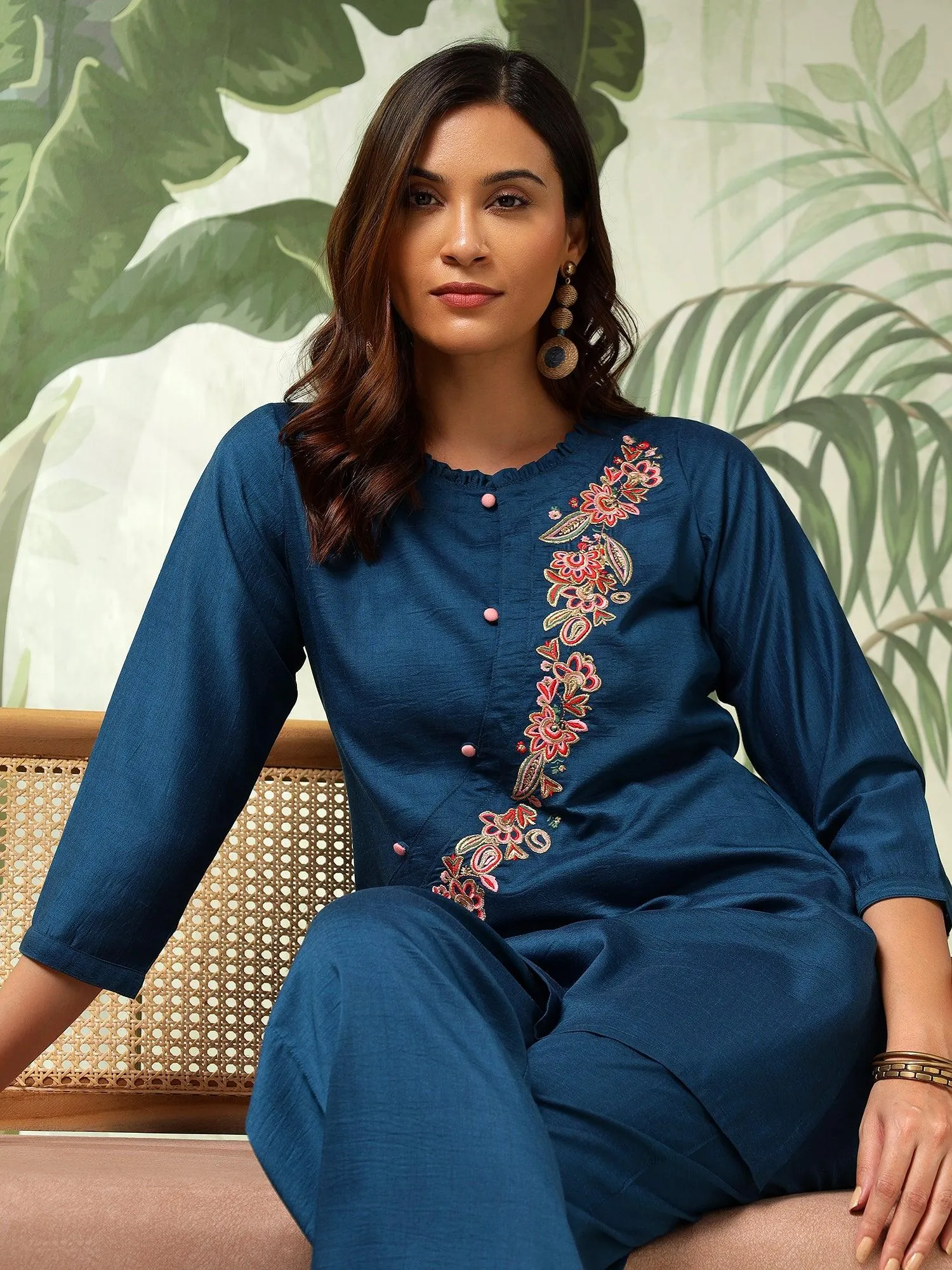 Chandni Teal Blue Muslin Embroidered Angrakha (Co-Ord Set)