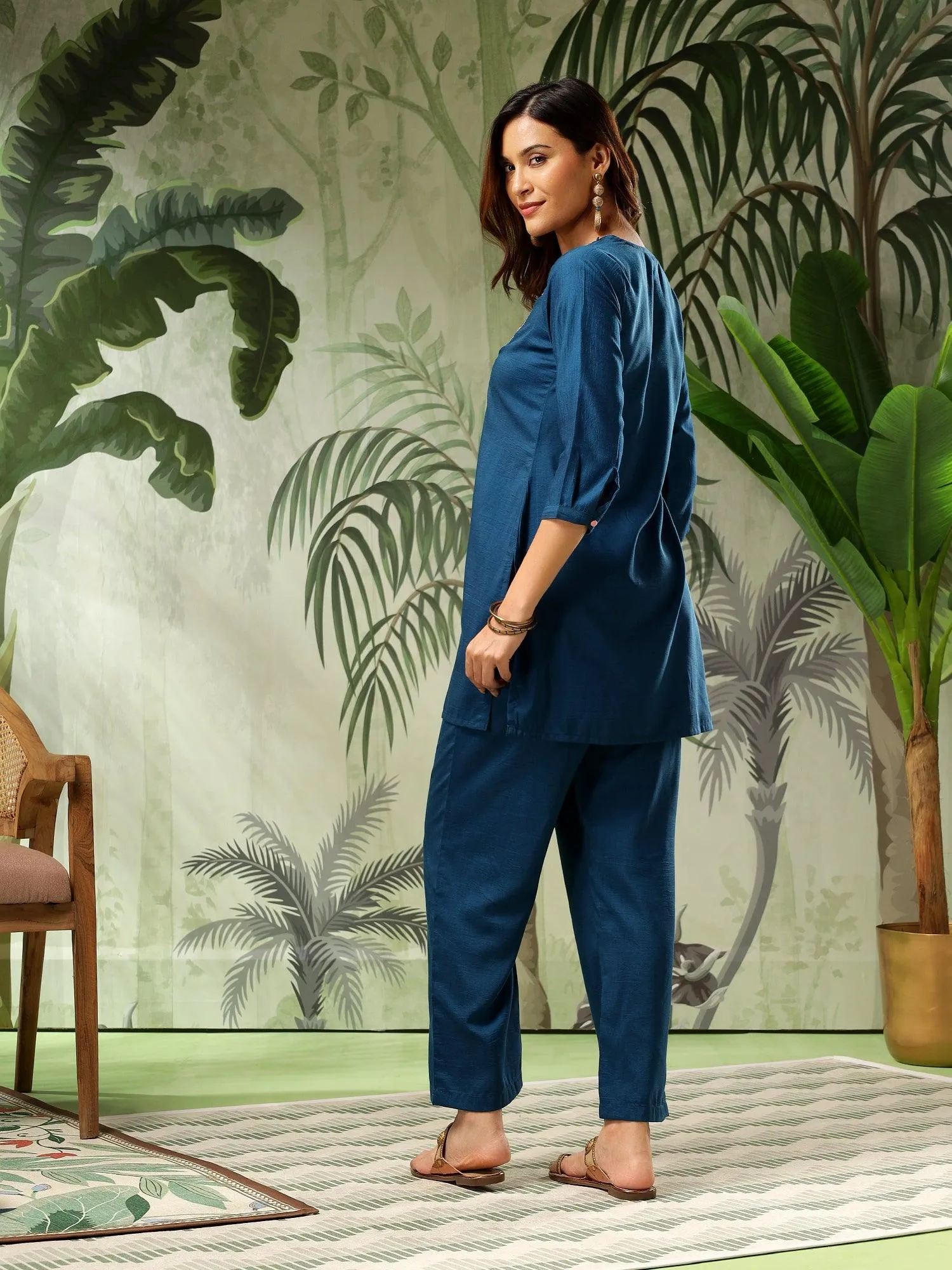 Chandni Teal Blue Muslin Embroidered Angrakha (Co-Ord Set)