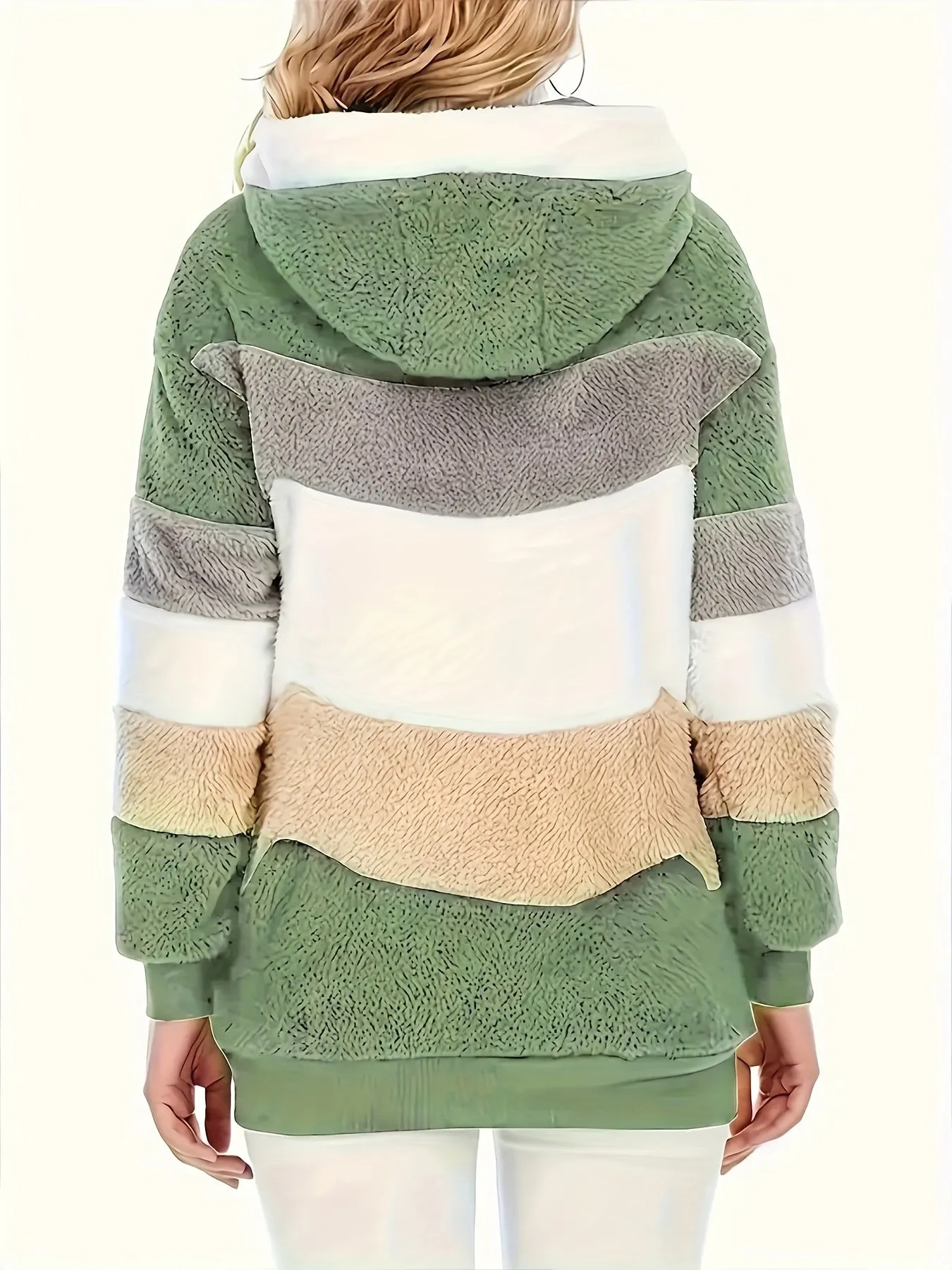 Color Block Fuzzy Hooded Coat - Women's Cozy Long Sleeve Winter Jacket