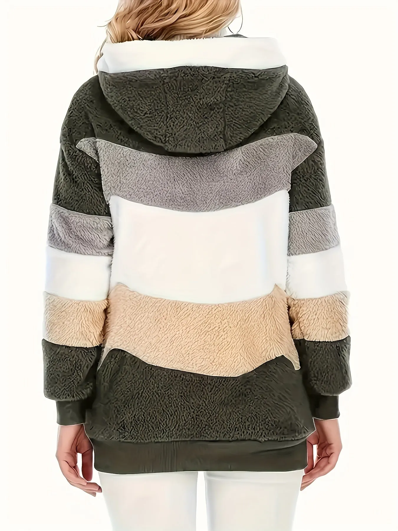 Color Block Fuzzy Hooded Coat - Women's Cozy Long Sleeve Winter Jacket