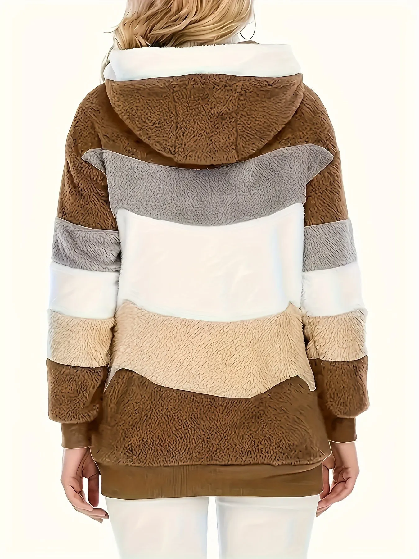 Color Block Fuzzy Hooded Coat - Women's Cozy Long Sleeve Winter Jacket