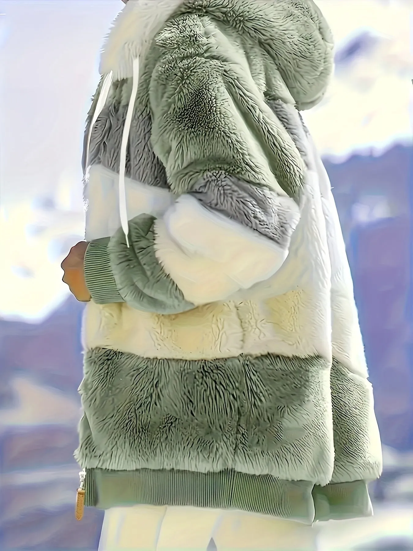 Color Block Fuzzy Hooded Coat - Women's Cozy Long Sleeve Winter Jacket