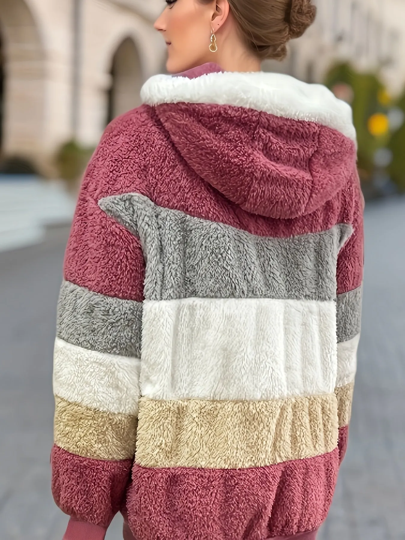 Color Block Fuzzy Hooded Coat - Women's Cozy Long Sleeve Winter Jacket