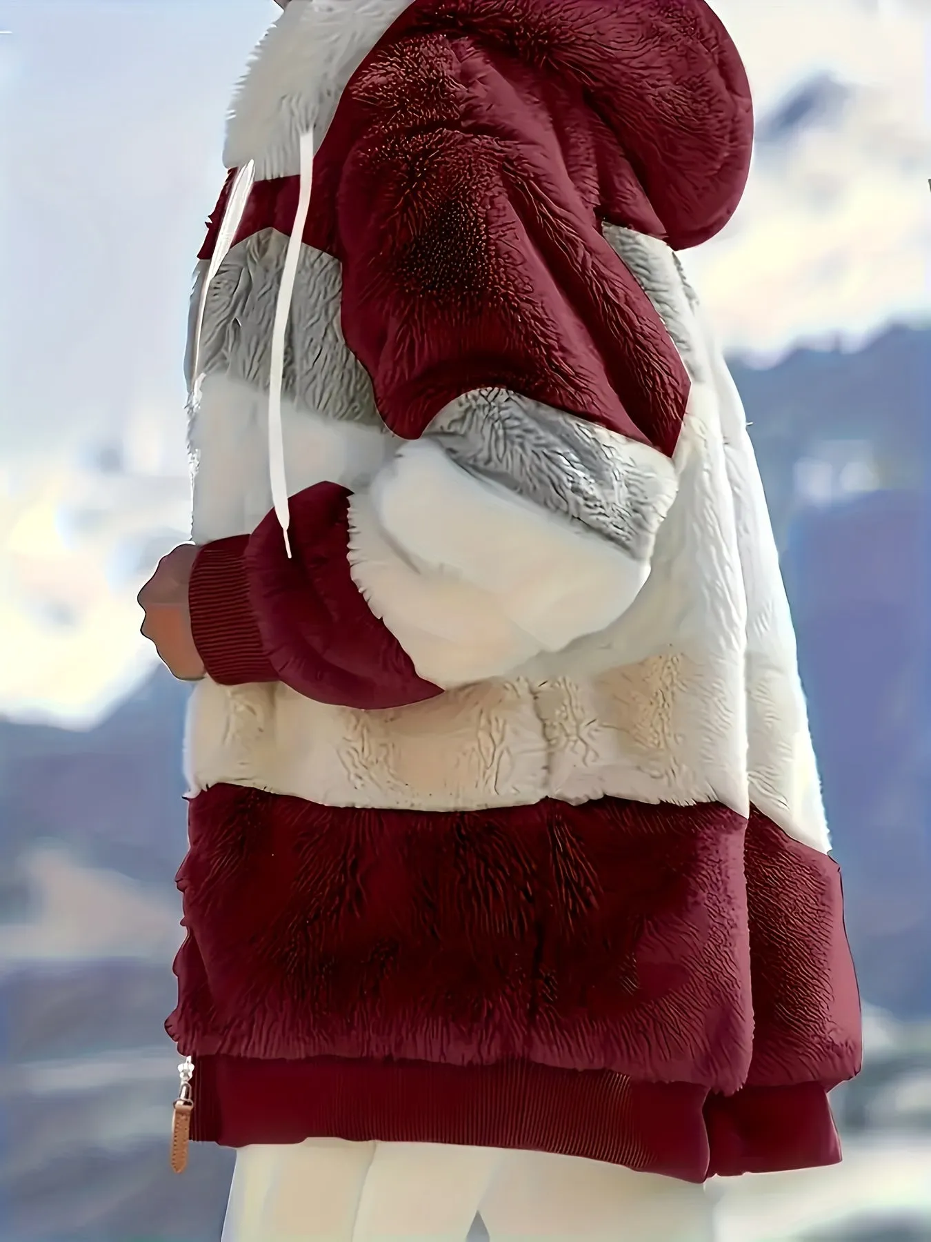 Color Block Fuzzy Hooded Coat - Women's Cozy Long Sleeve Winter Jacket