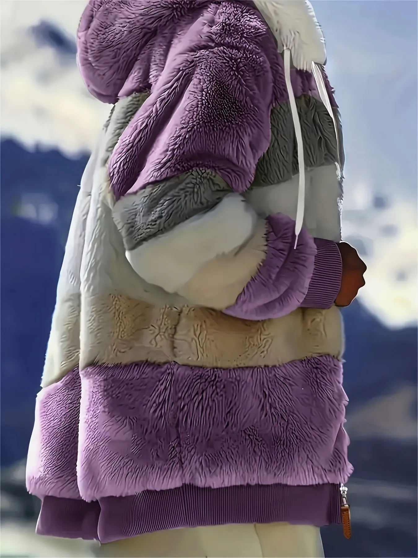 Color Block Fuzzy Hooded Coat - Women's Cozy Long Sleeve Winter Jacket