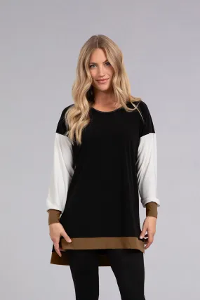 Colour Block Step Hem Tunic | Black/Ivory/Tobacco