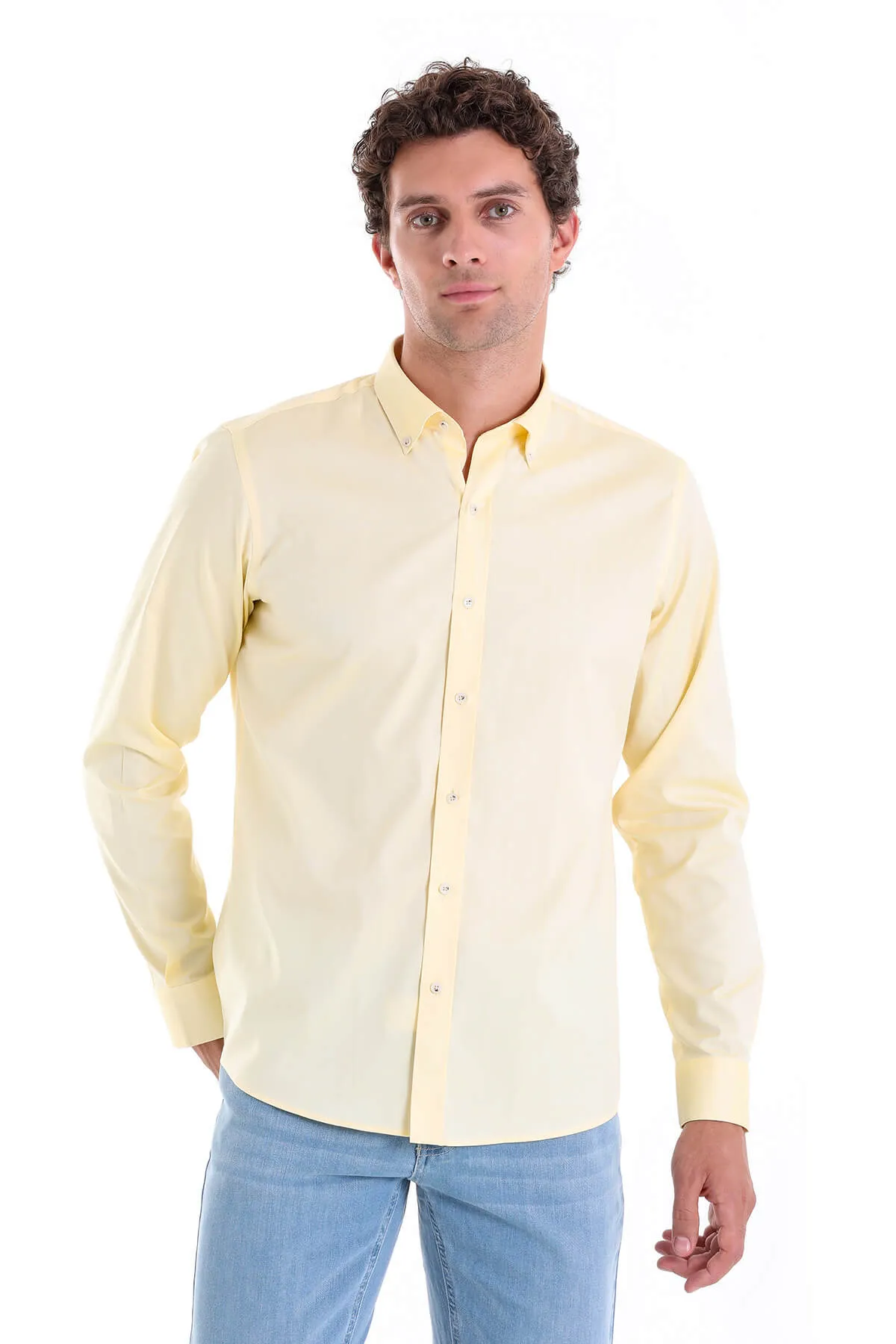 Comfort Fit Long Sleeve Cotton Yellow Casual Shirt