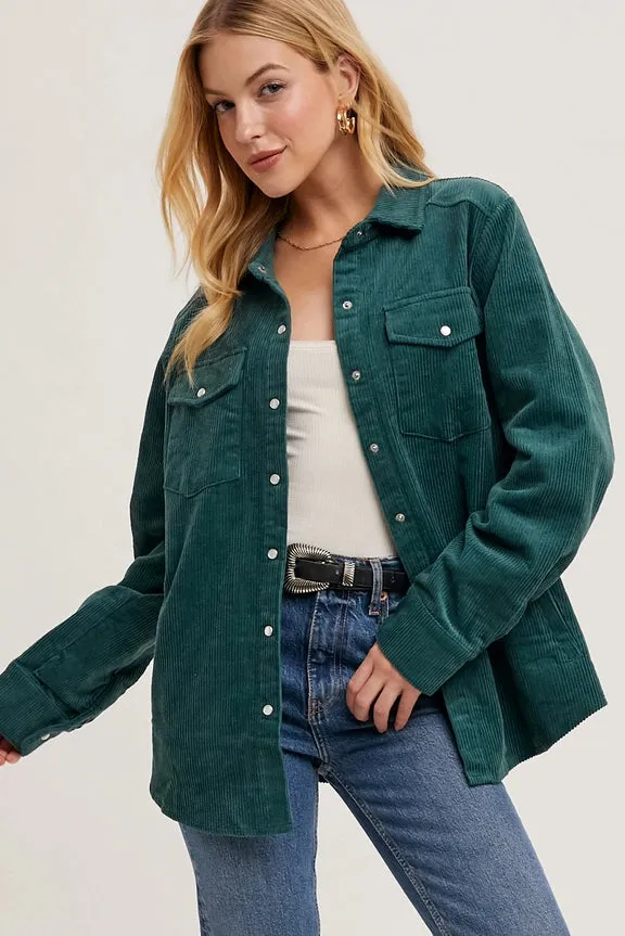 Corduroy Button Up Shacket Peacock