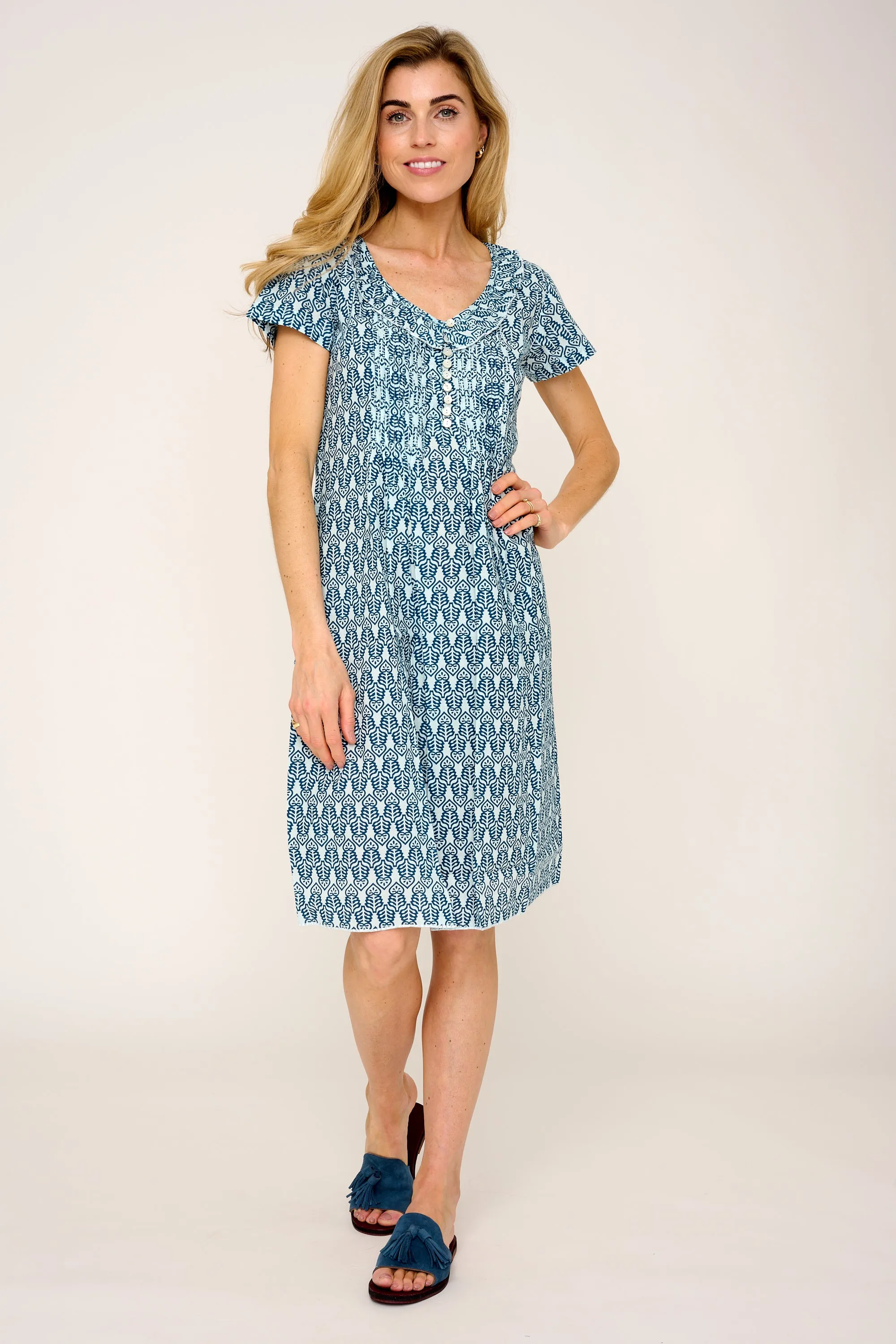 Cotton Karen Short Sleeve Day Dress in Fresh Navy & White