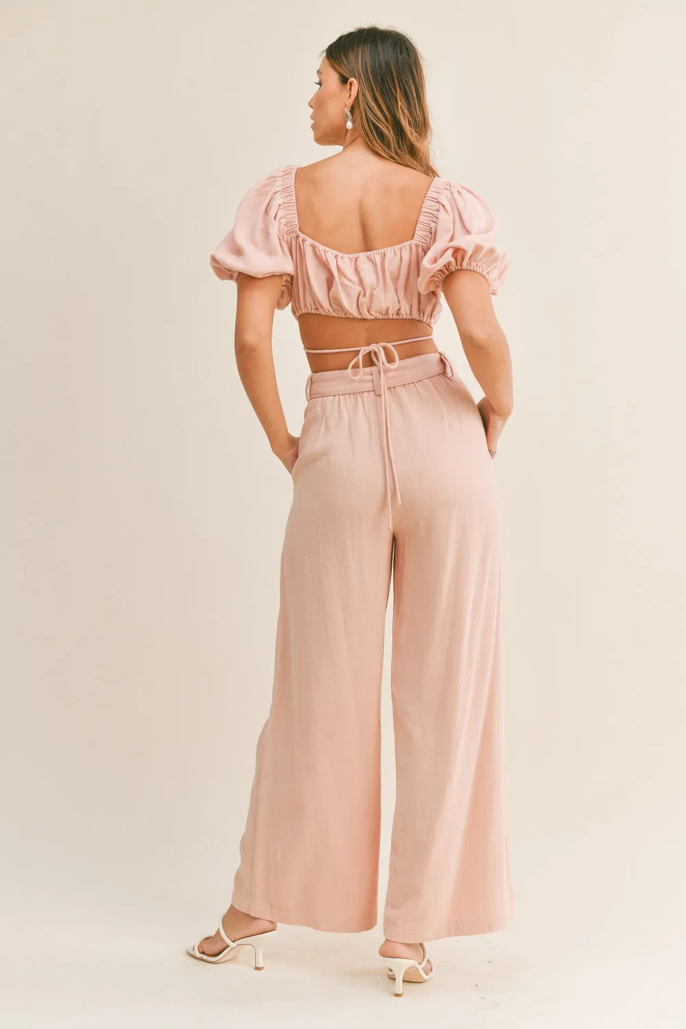 Cut Out Drawstring Crop Top and Belted Pants Set