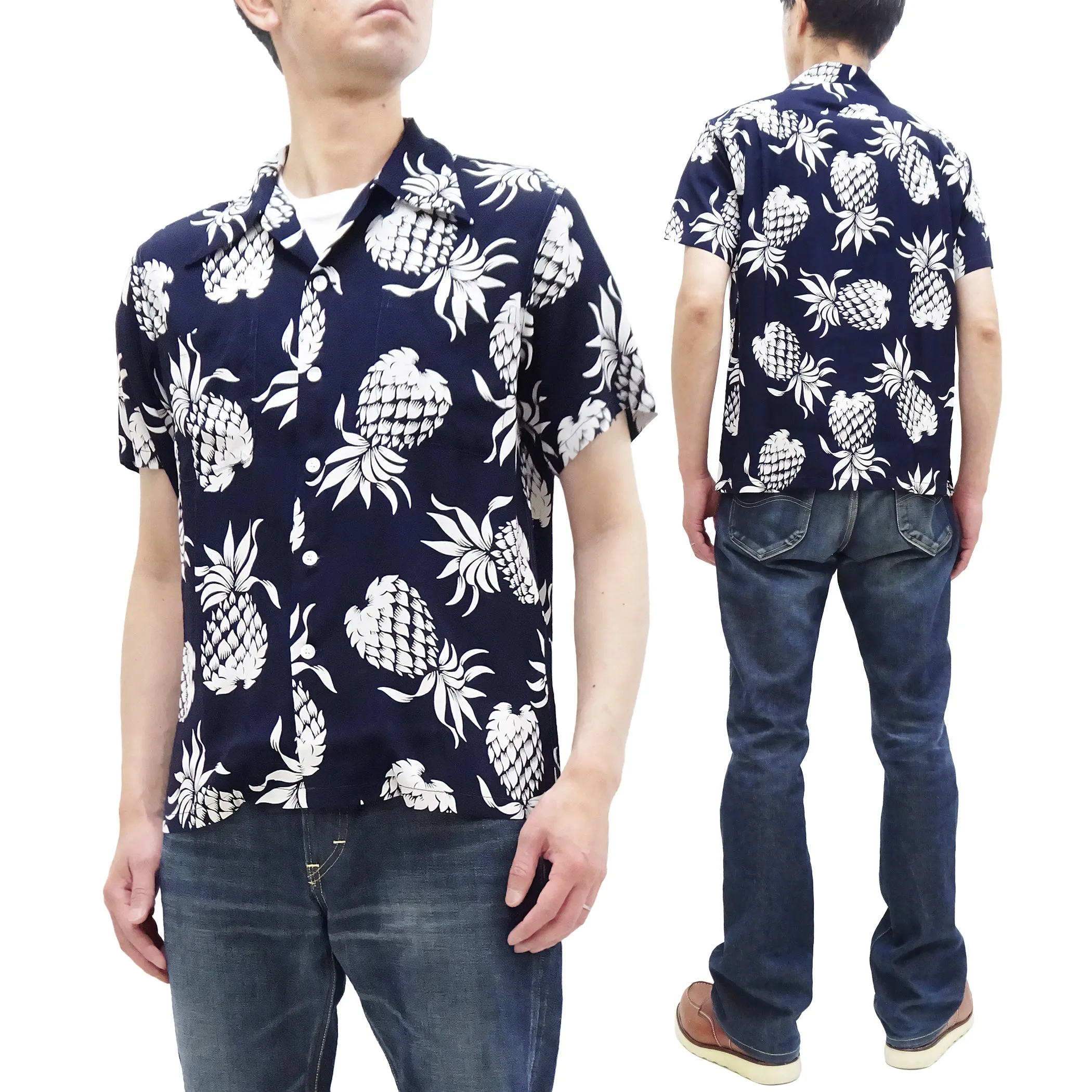 Duke Kahanamoku Hawaiian Shirt Men's Duke's Pineapple Short Sleeve Rayon Aloha Shirt DK36201 128 Navy-Blue