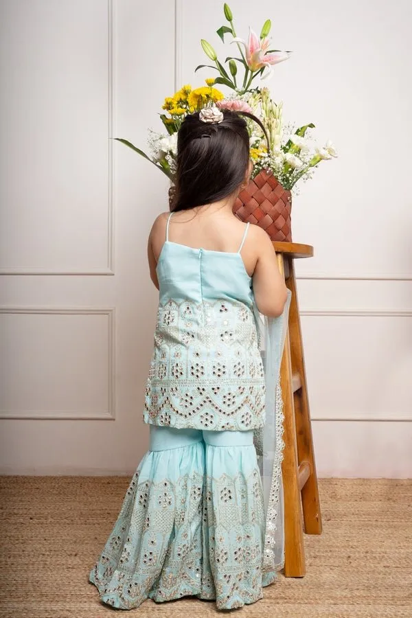 Elegant aqua blue sharara set with intricate mirror work and embroidery, perfect for festive occasions and celebrations