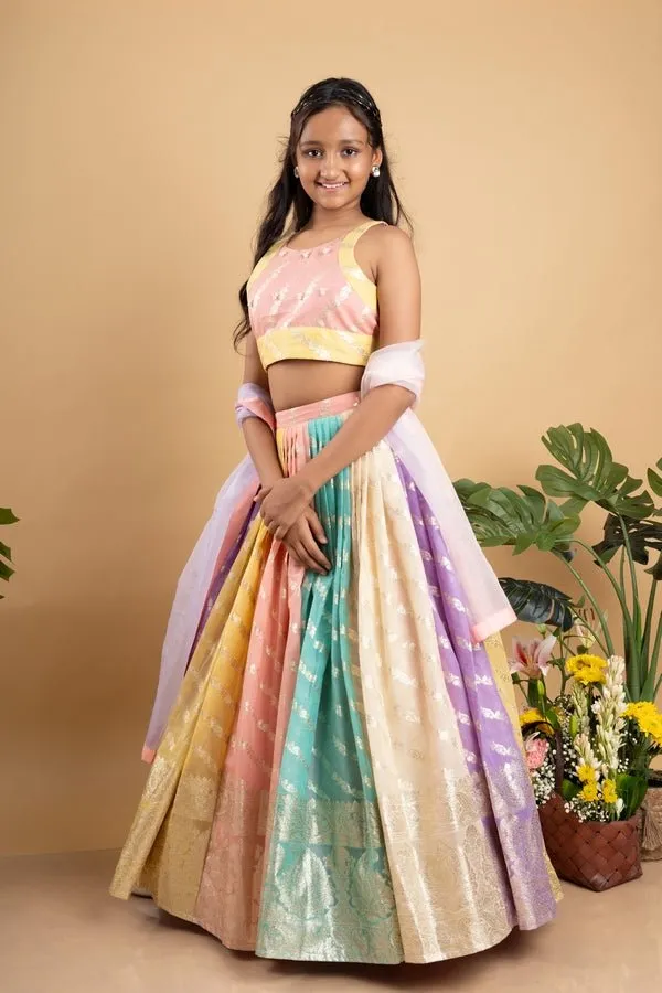 Elegant multicolored brocade lehenga set with intricate gold motifs and a matching pastel dupatta