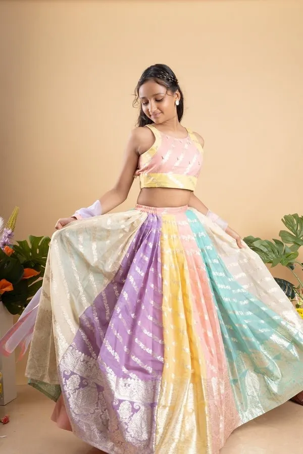 Elegant multicolored brocade lehenga set with intricate gold motifs and a matching pastel dupatta