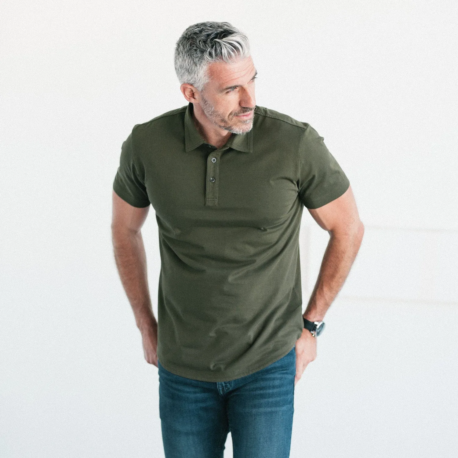 Essential Short Sleeve Curved Hem Polo Shirt –  Olive Green Cotton Jersey