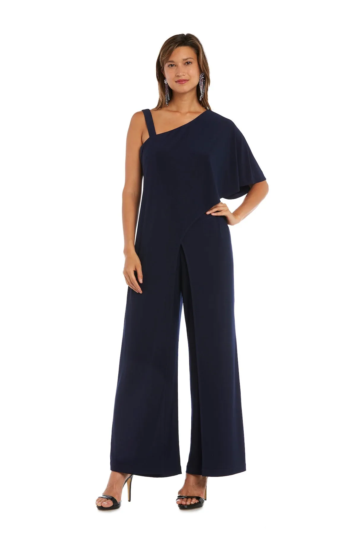 Flared Jumpsuit with Single Shoulder, Overlay, and Draped Sleeves