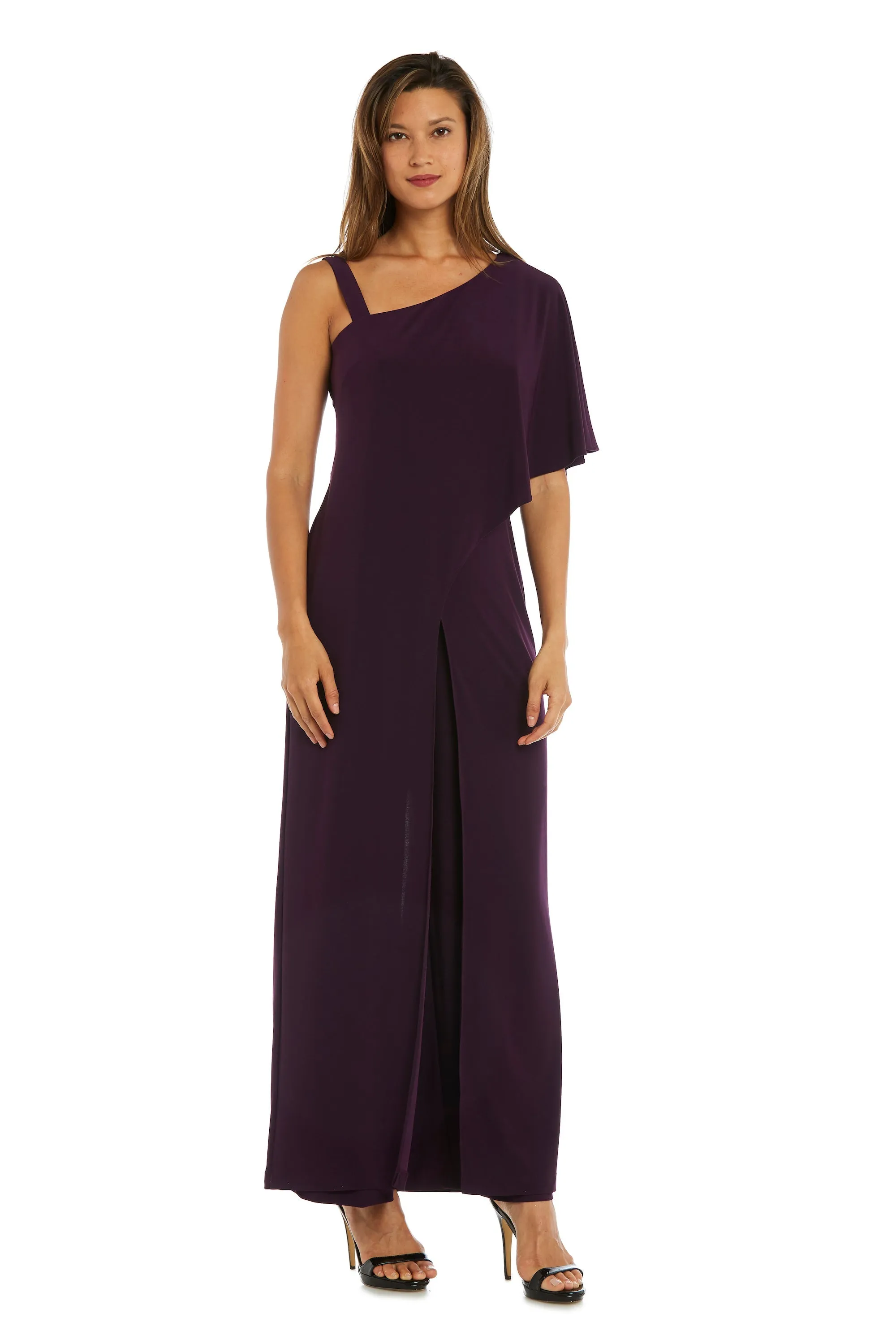 Flared Jumpsuit with Single Shoulder, Overlay, and Draped Sleeves