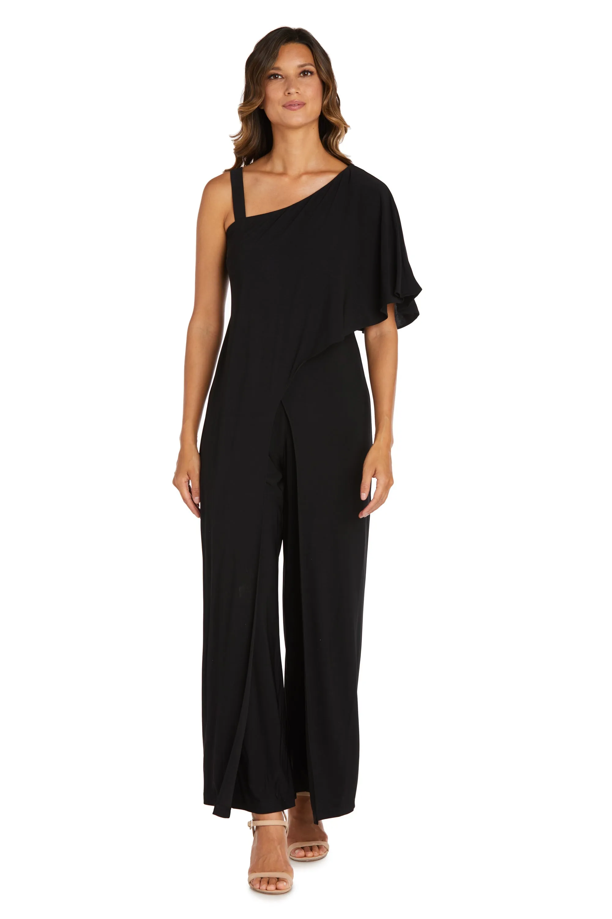 Flared Jumpsuit with Single Shoulder, Overlay, and Draped Sleeves