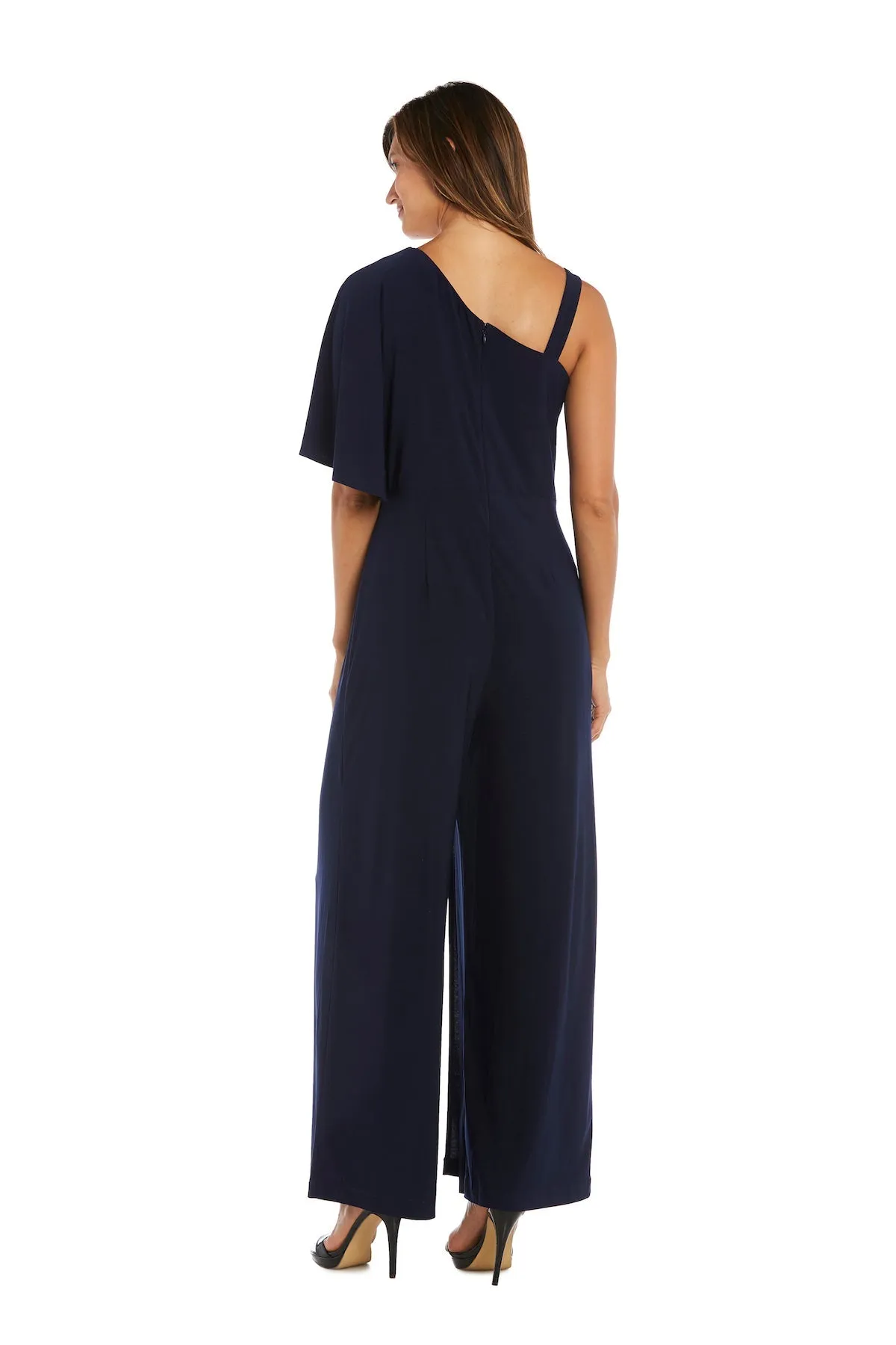 Flared Jumpsuit with Single Shoulder, Overlay, and Draped Sleeves