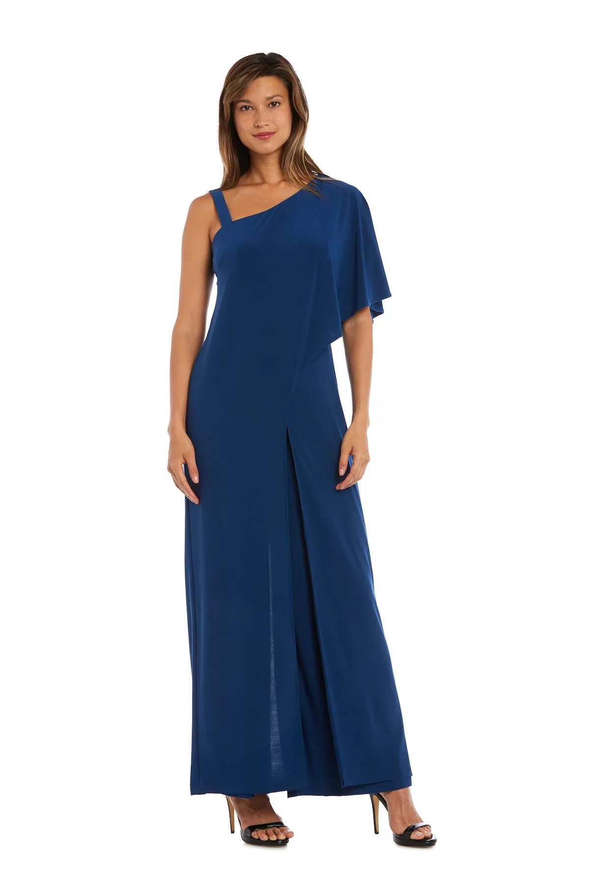 Flared Jumpsuit with Single Shoulder, Overlay, and Draped Sleeves