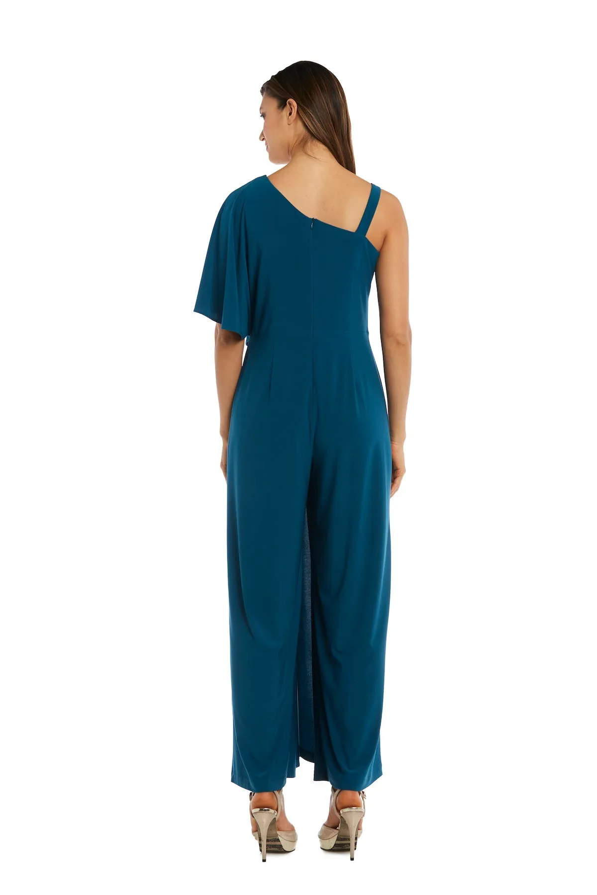 Flared Jumpsuit with Single Shoulder, Overlay, and Draped Sleeves