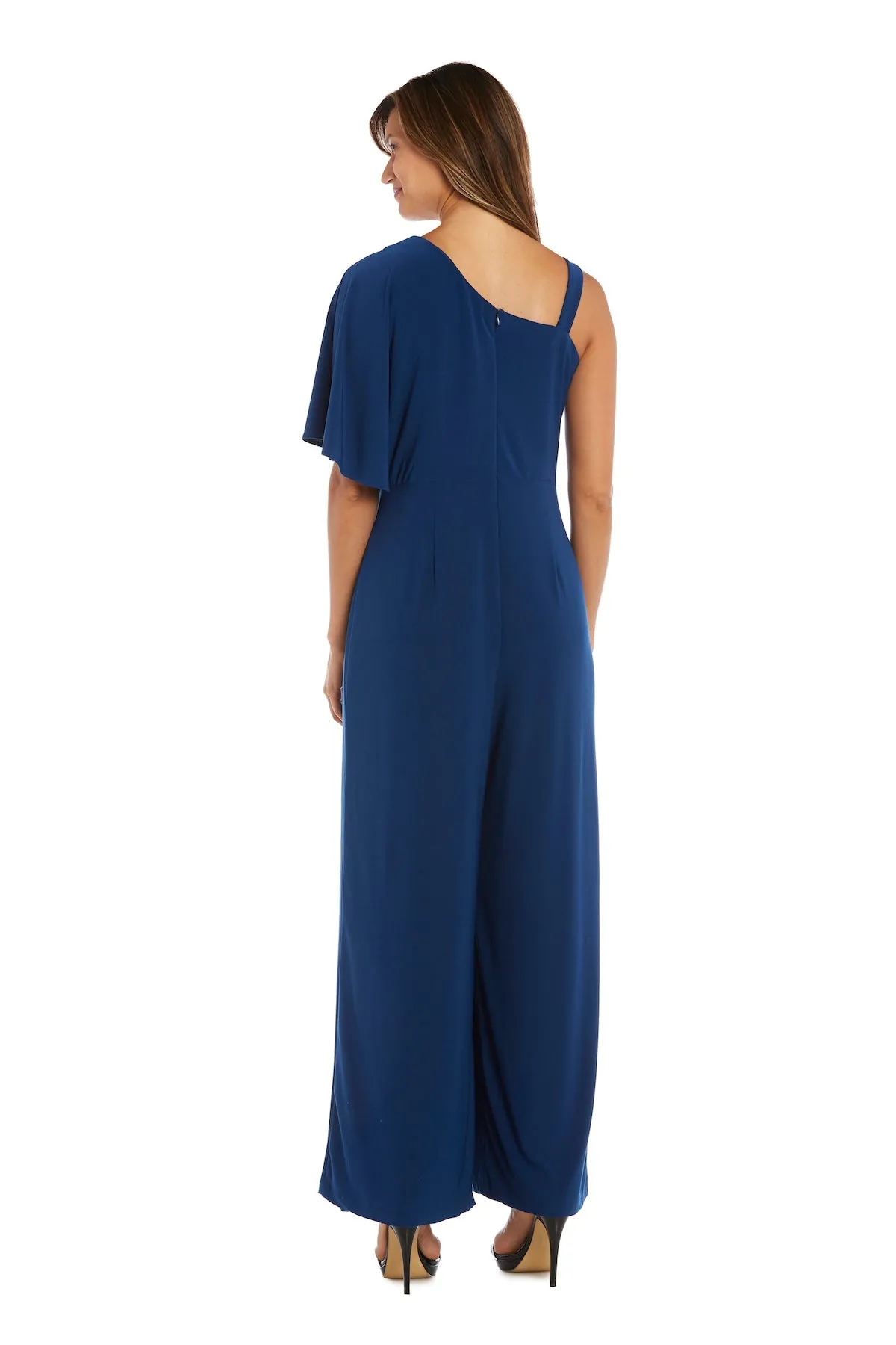 Flared Jumpsuit with Single Shoulder, Overlay, and Draped Sleeves