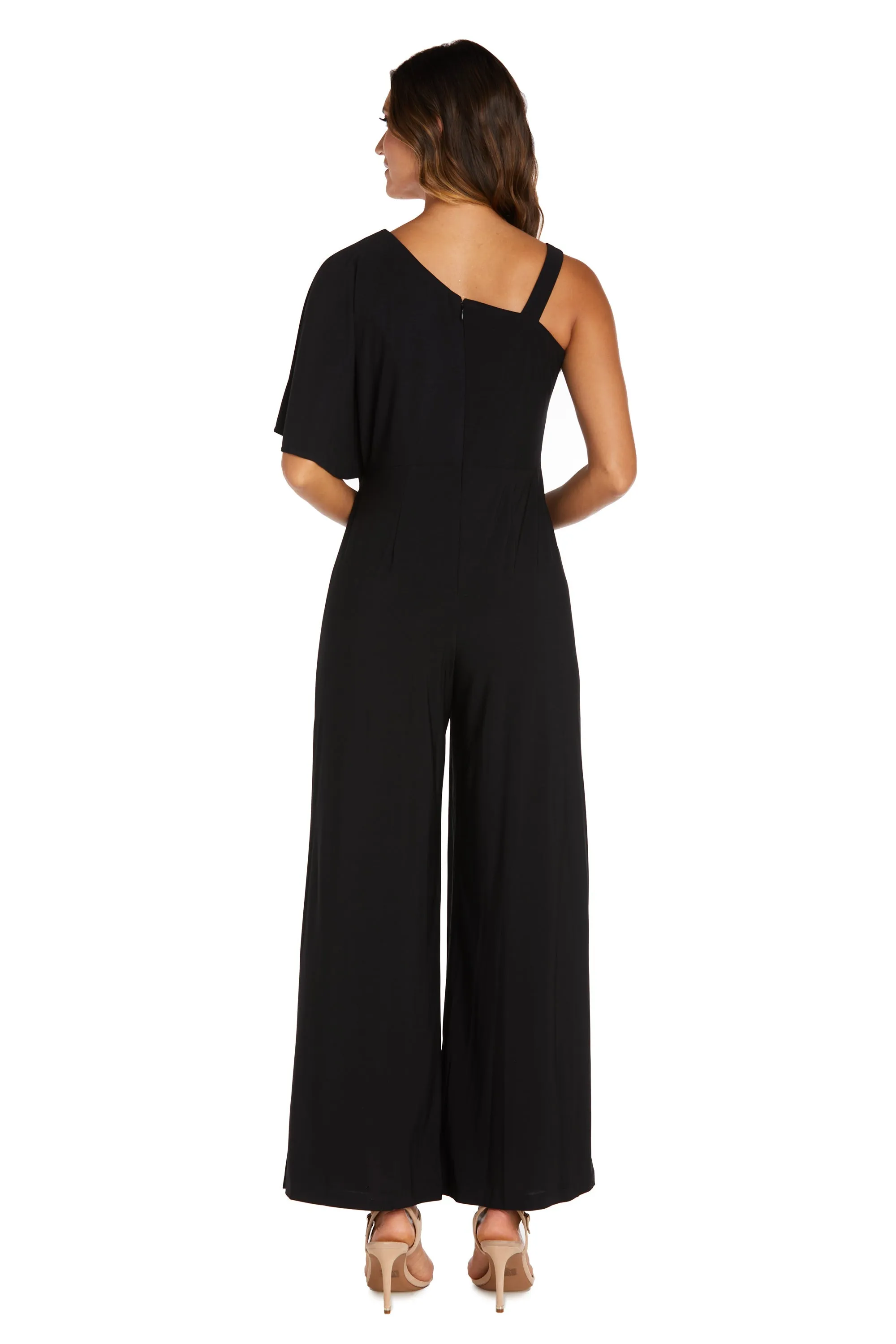 Flared Jumpsuit with Single Shoulder, Overlay, and Draped Sleeves