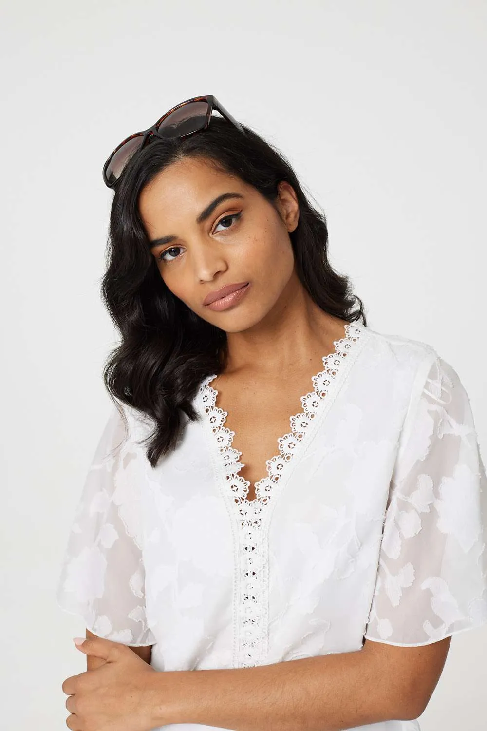 Floral Lace Detail Flared Sleeve Blouse