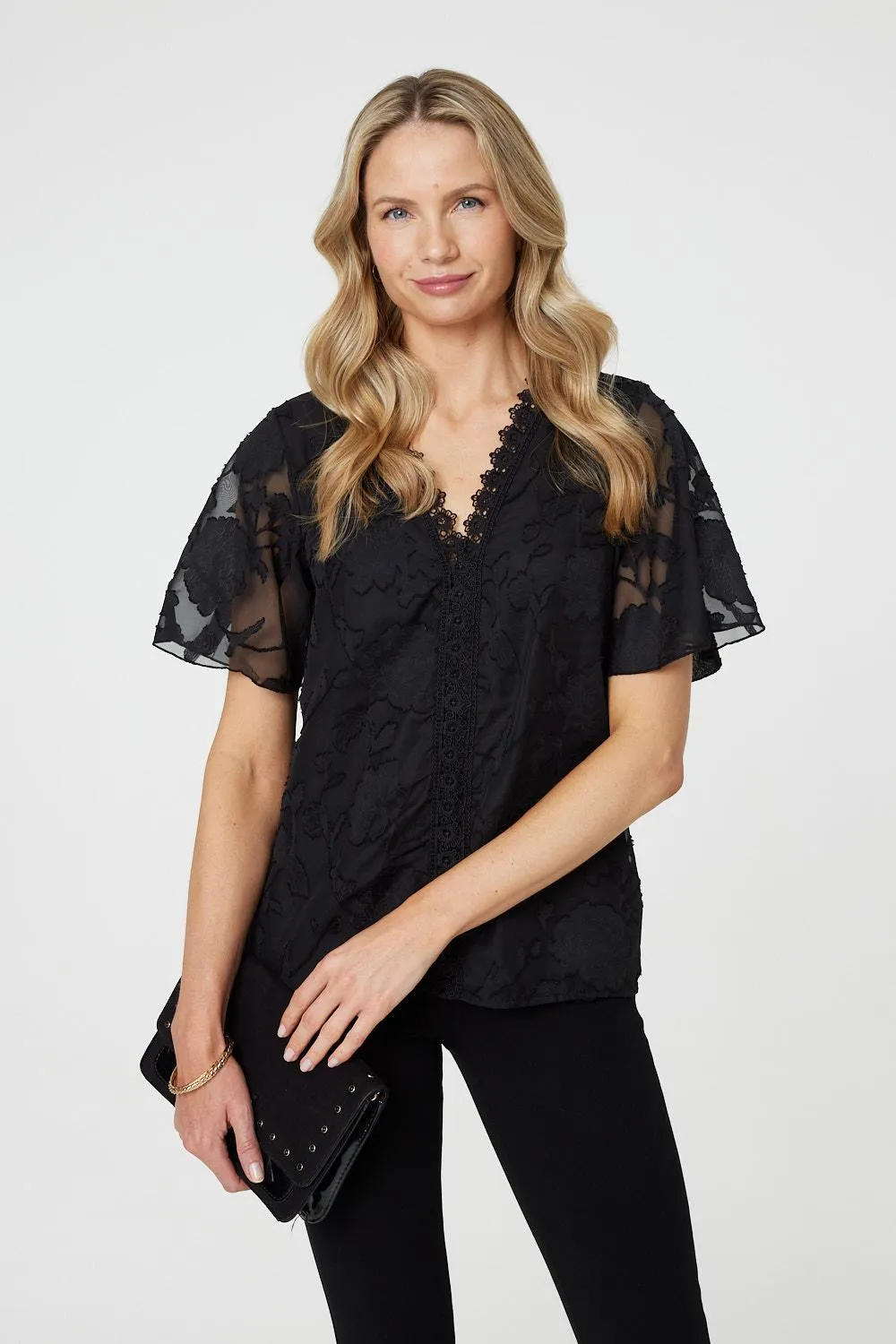 Floral Lace Detail Flared Sleeve Blouse