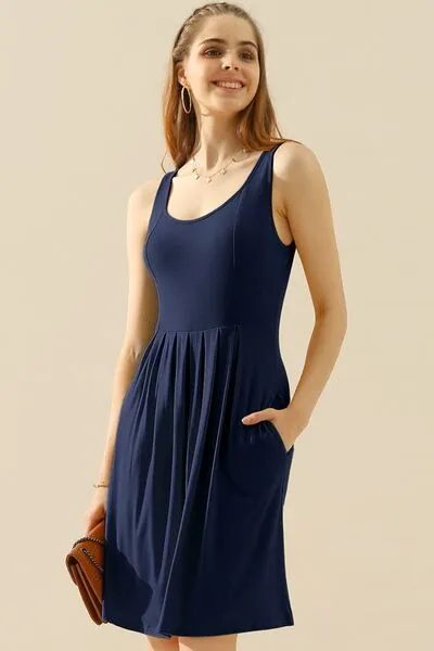 Full Size Round Neck Ruched Sleeveless Dress with Pockets