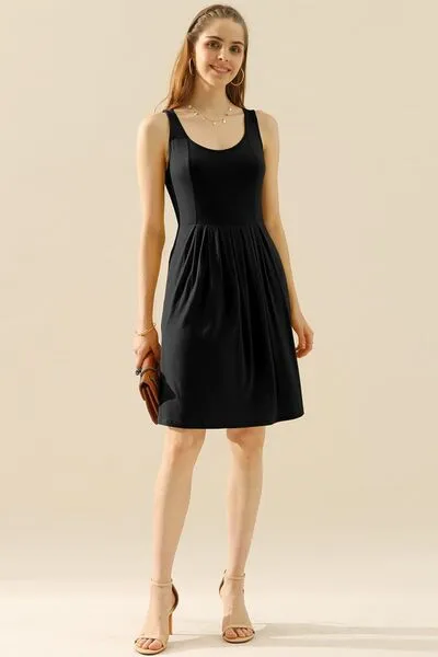 Full Size Round Neck Ruched Sleeveless Dress with Pockets