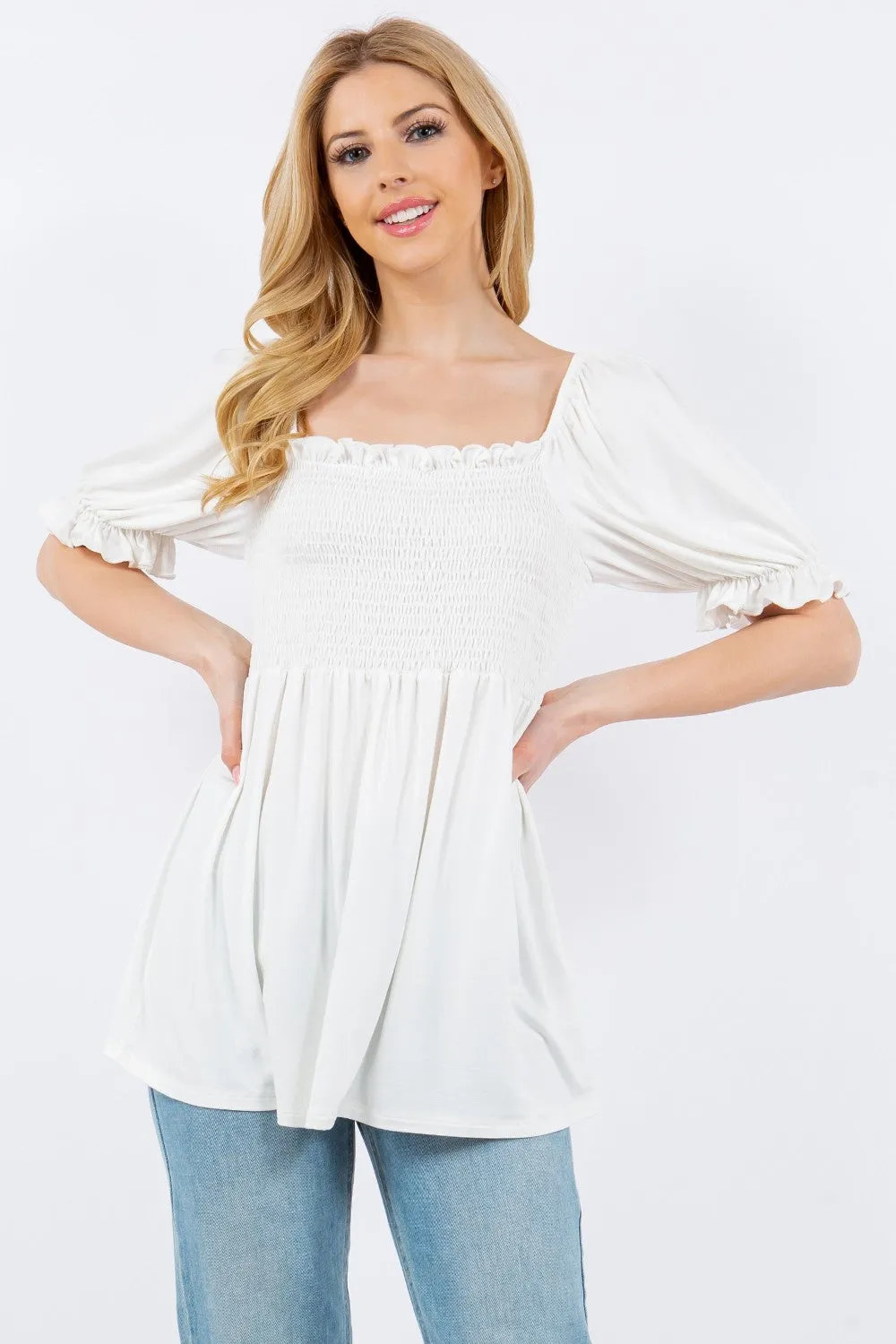 Full Size Ruffled Short Sleeve Smocked Blouse