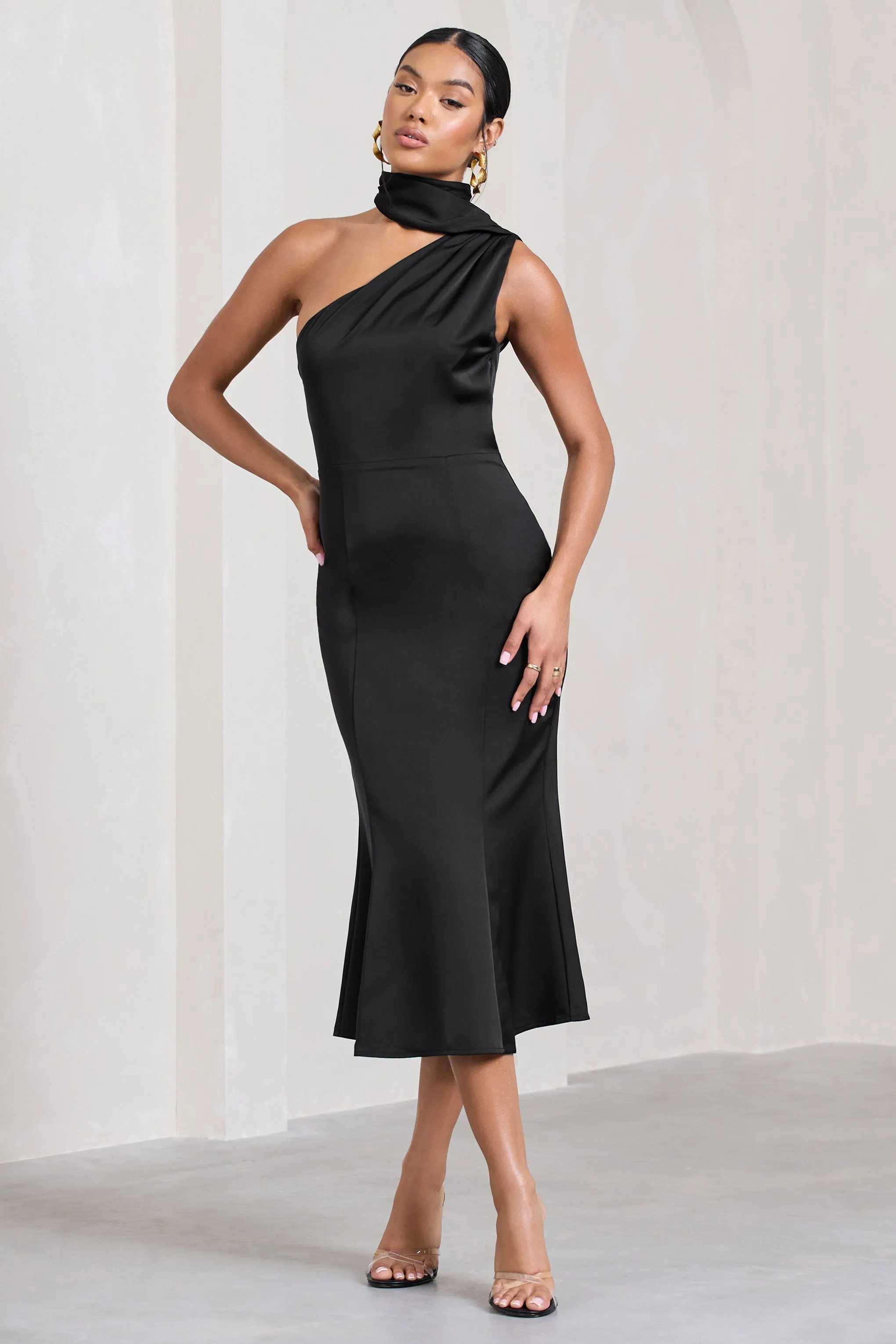 Golden Girl | Black Satin One Shoulder High-Neck Flared Midi Dress