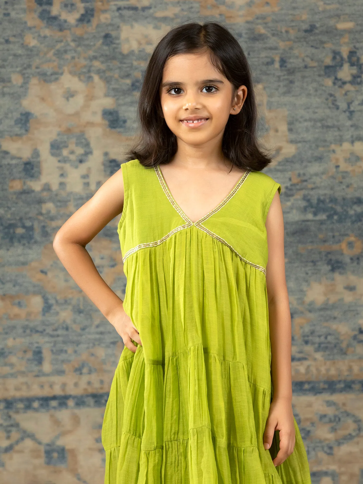 Green Chanderi Dress with Embroidery detailing - Girls