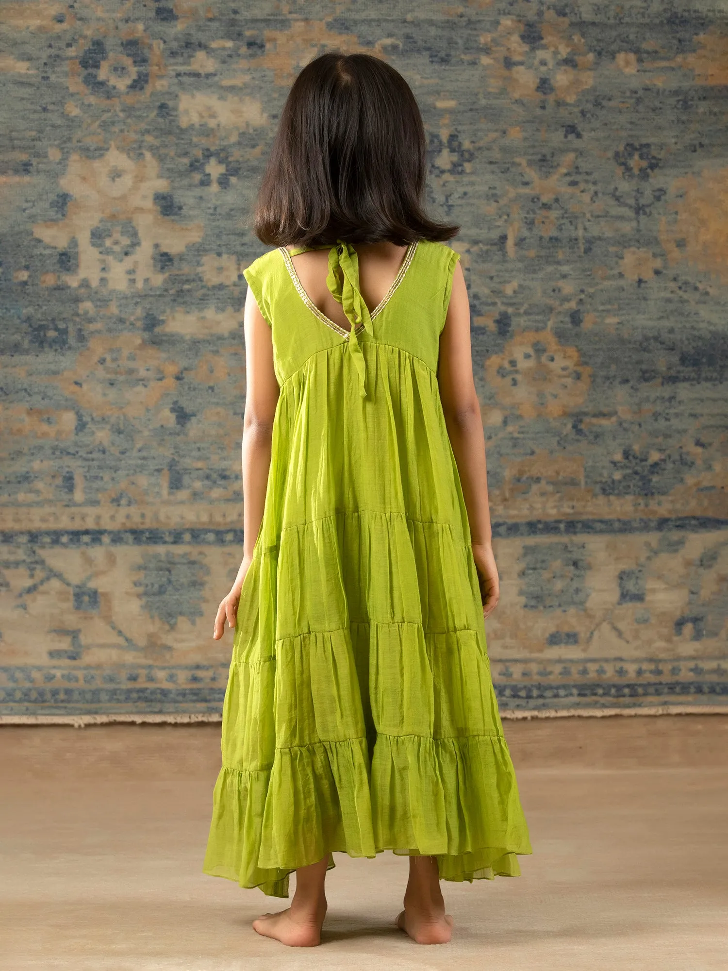 Green Chanderi Dress with Embroidery detailing - Girls