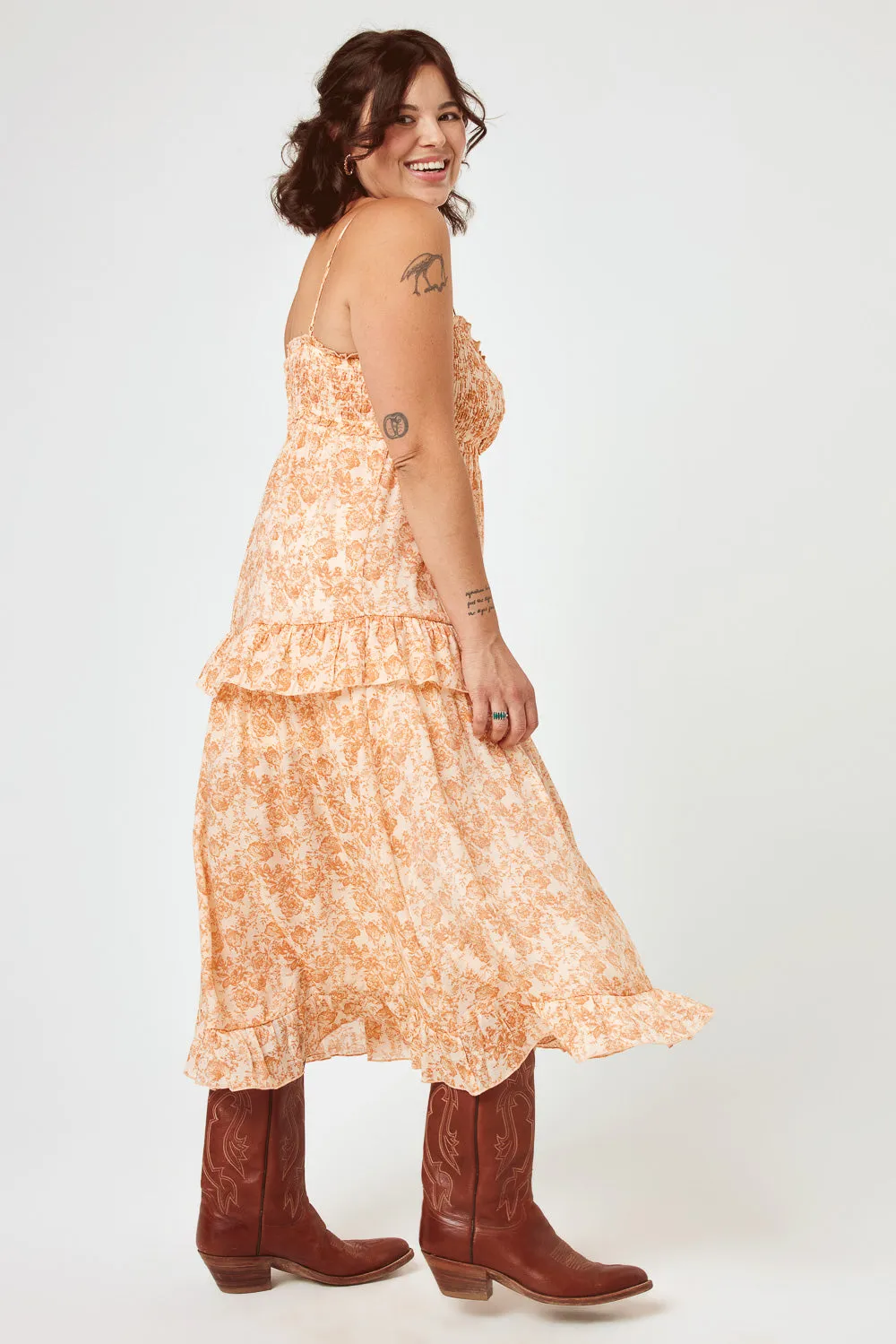 Ivory Rust Floral Smocked Bust Midi Dress